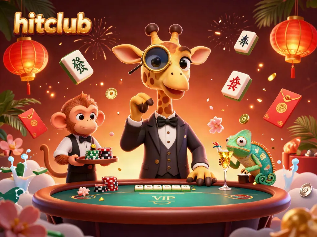 Experience hitclub's vibrant casino atmosphere with high-roller giraffe, monkey valet, and chameleon bartender.