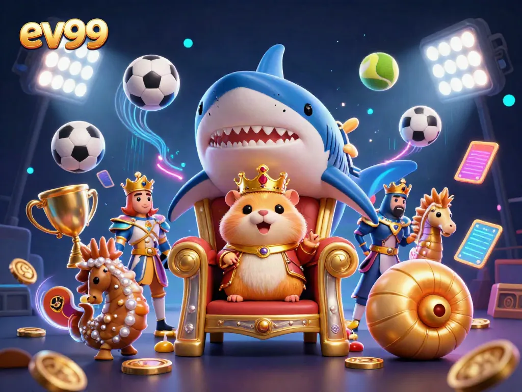 Experience thrilling slots and jackpot wins with ev99 in a vibrant 3D casino scene packed with dynamic elements.