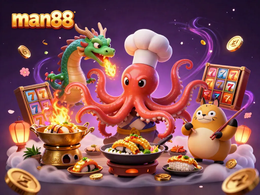 Experience the thrill at man88 with a vibrant 3D scene featuring games and golden jackpots.