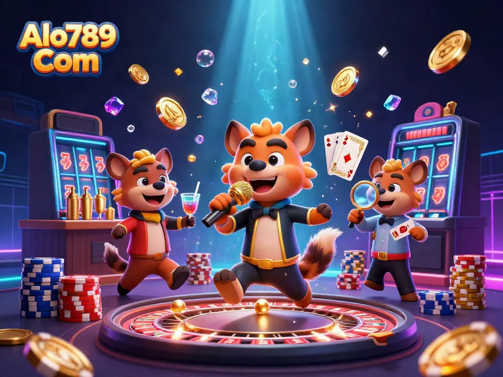 Experience the excitement at Alo789 Com with playful hyena characters in a bustling casino scene.
