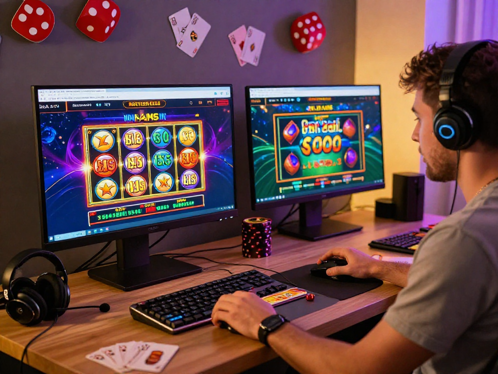Giocatore emozionato nei migliori casino online non AAMS con schermo di gioco e elementi di casinò sullo sfondo.