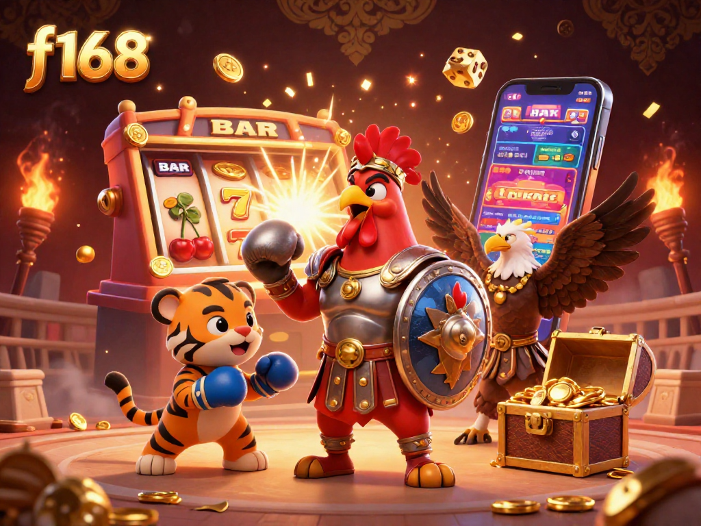 Experience the thrill of f168 casino games with the dynamic rooster gladiator in a vibrant 3D scene.