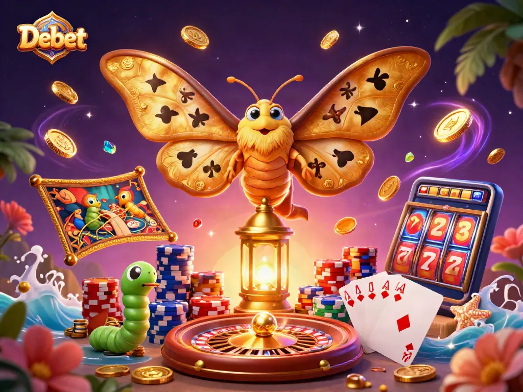 Debet showcases a vibrant casino scene with an atlas moth and golden elements.