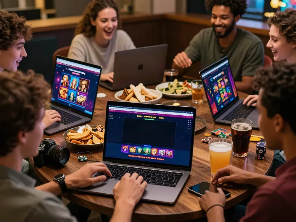 Diverse friends using red88 online betting site on a laptop in a lively setting with snacks and drinks.