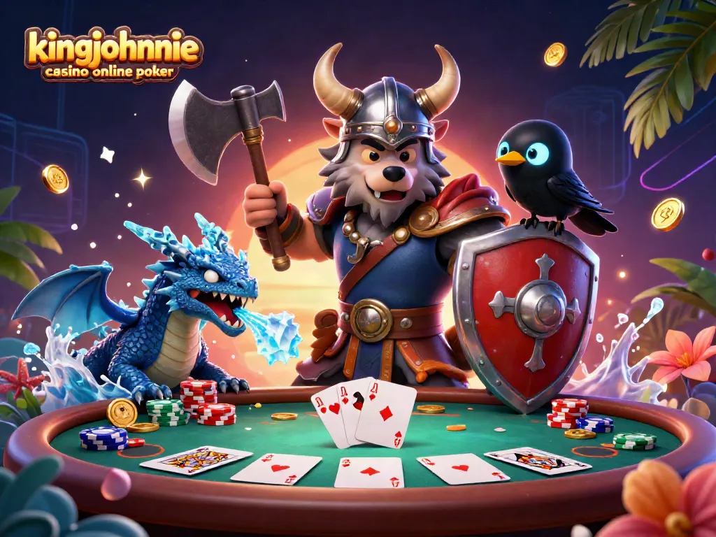 Experience exciting poker action at kingjohnnie casino online poker with vibrant characters and gaming elements.