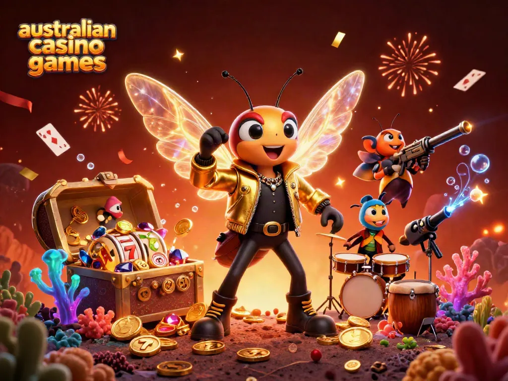Engage with australian casino games featuring vibrant 3D characters in a rich, festive scene.