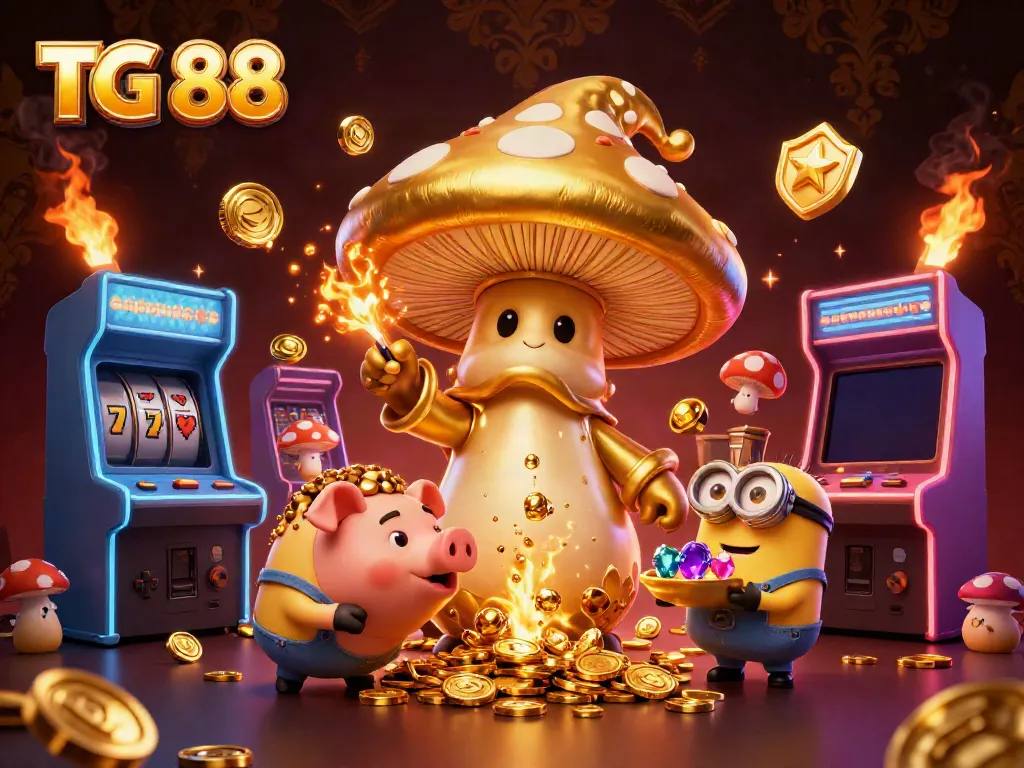 Enjoy thrilling gameplay at TG 88, featuring a vibrant scene of casino elements including golden characters and gaming machines.