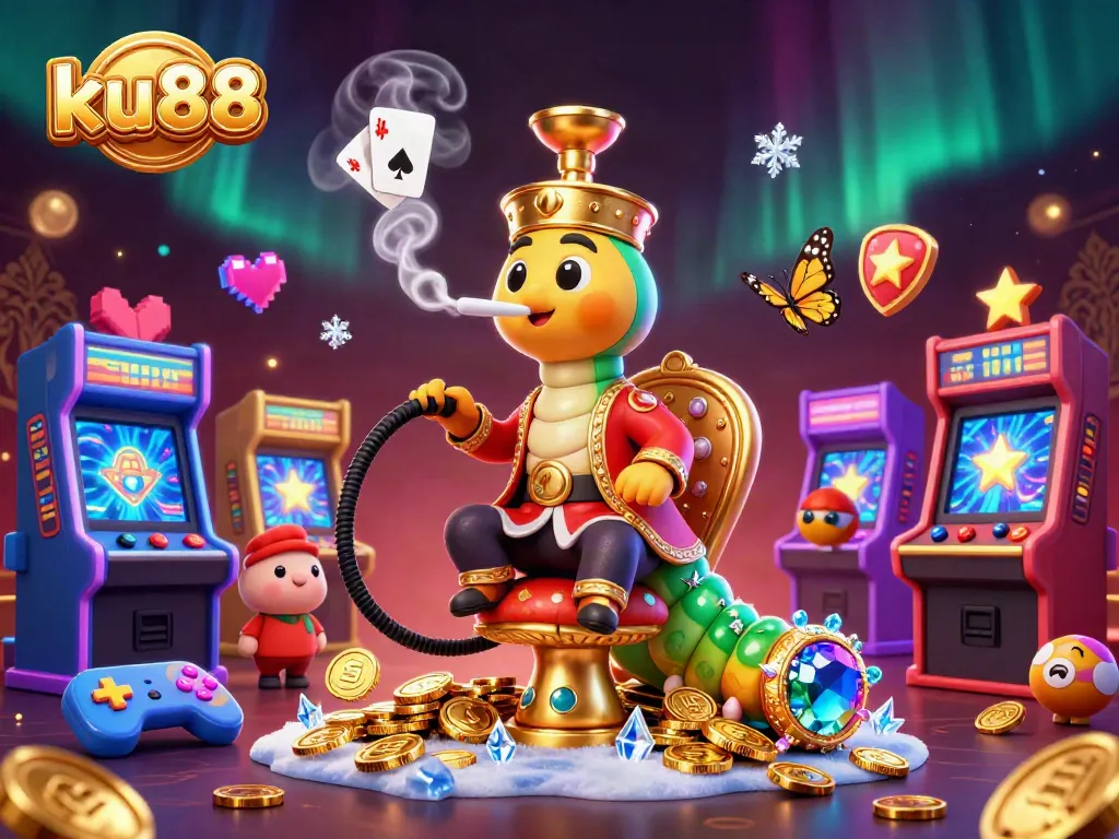 Play thrilling games at ku88 casino with an enchanting caterpillar and vibrant gaming elements.