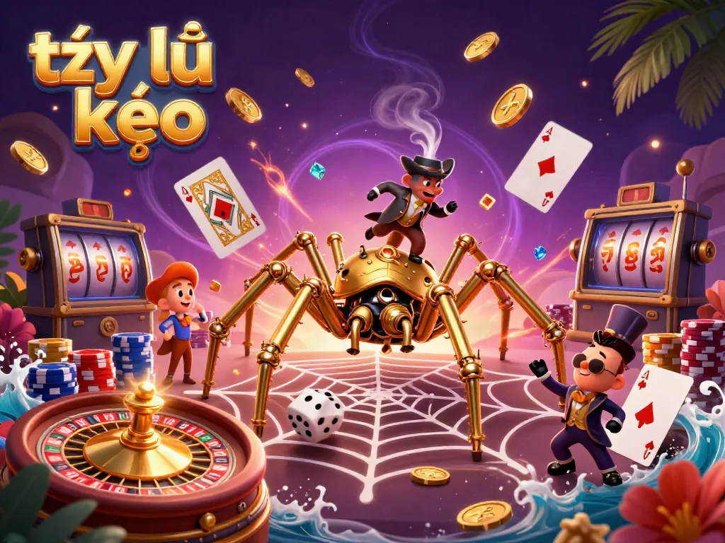 Experience the thrilling world of tỷ lệ kèo with a vibrant 3D casino scene depicting a steampunk spider capturing dice.