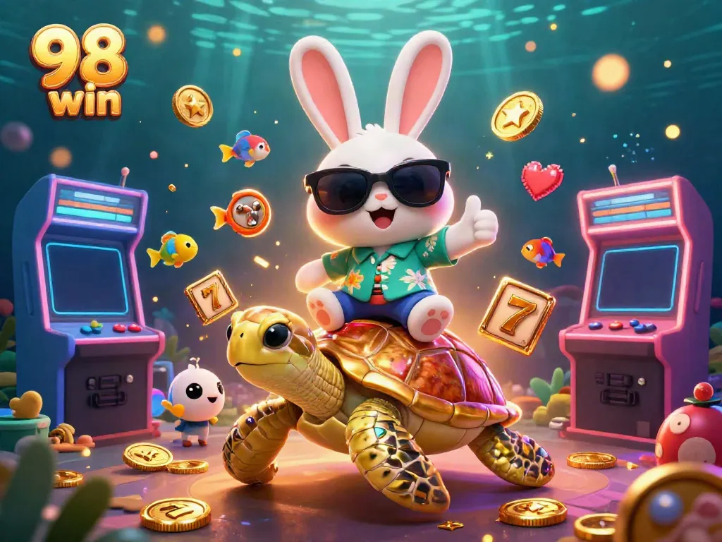 Experience the thrill of 98 win with a cartoon lucky rabbit riding a golden turtle amid slot reels and vibrant sea life.