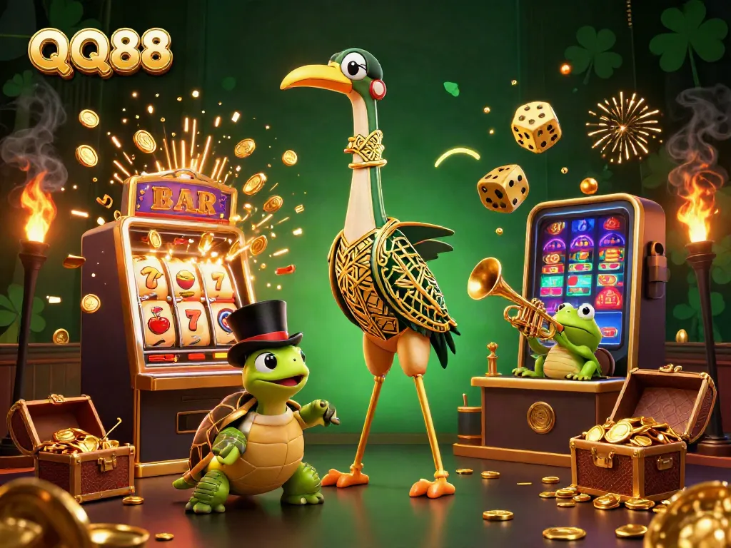 Experience thrilling jackpots and gaming excitement at QQ88 with vibrant characters and dazzling casino elements.
