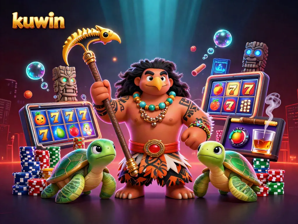 Kuwin's exciting scene showcases a Maui-style demigod hawk alongside vibrant slot reels and poker chips.