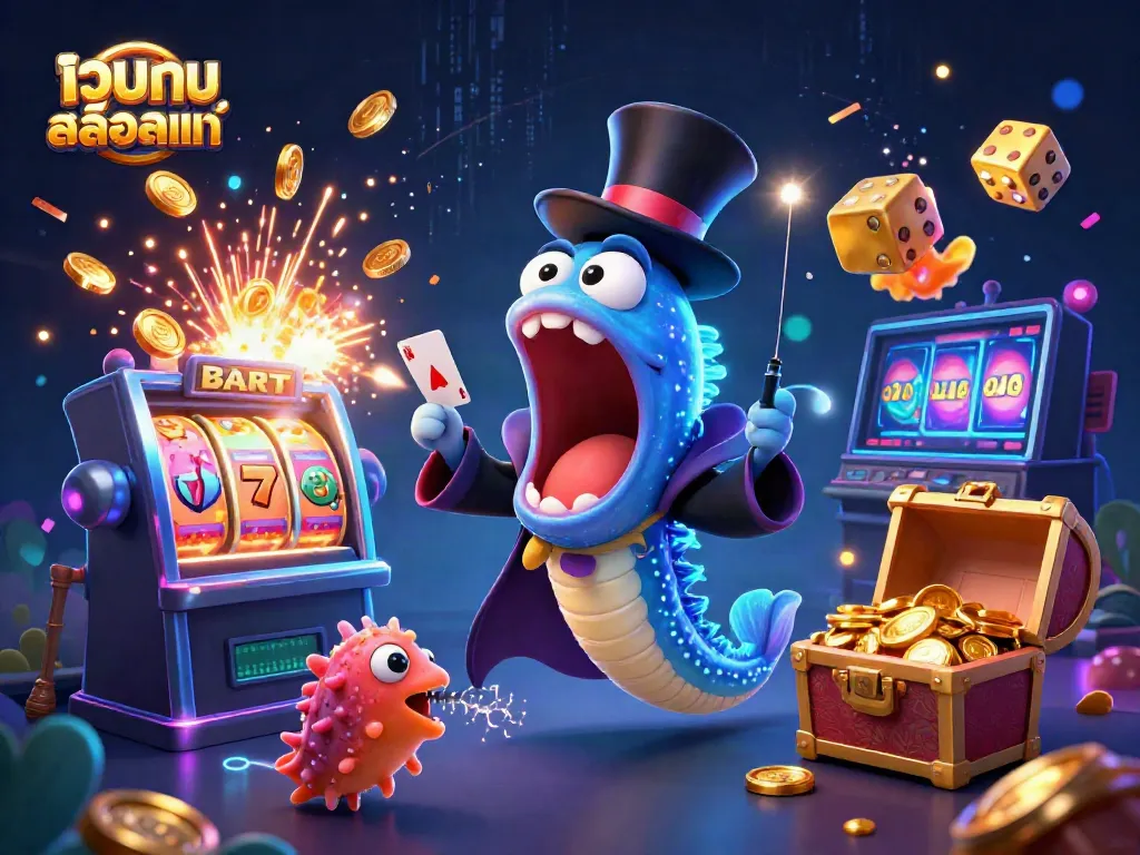 Engaging 3D scene showing a bioluminescent gulper eel performing tricks and a vibrant slot machine explosion, promoting เว็บเกมสล็อตแท้.