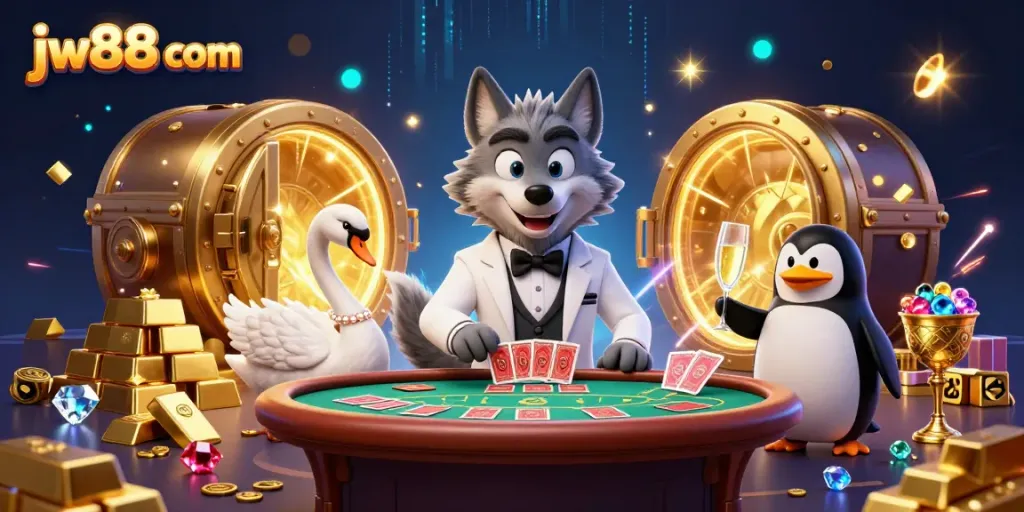 Experience the excitement at jw88 com with a lively 3D casino scene featuring unique characters and vibrant game elements.