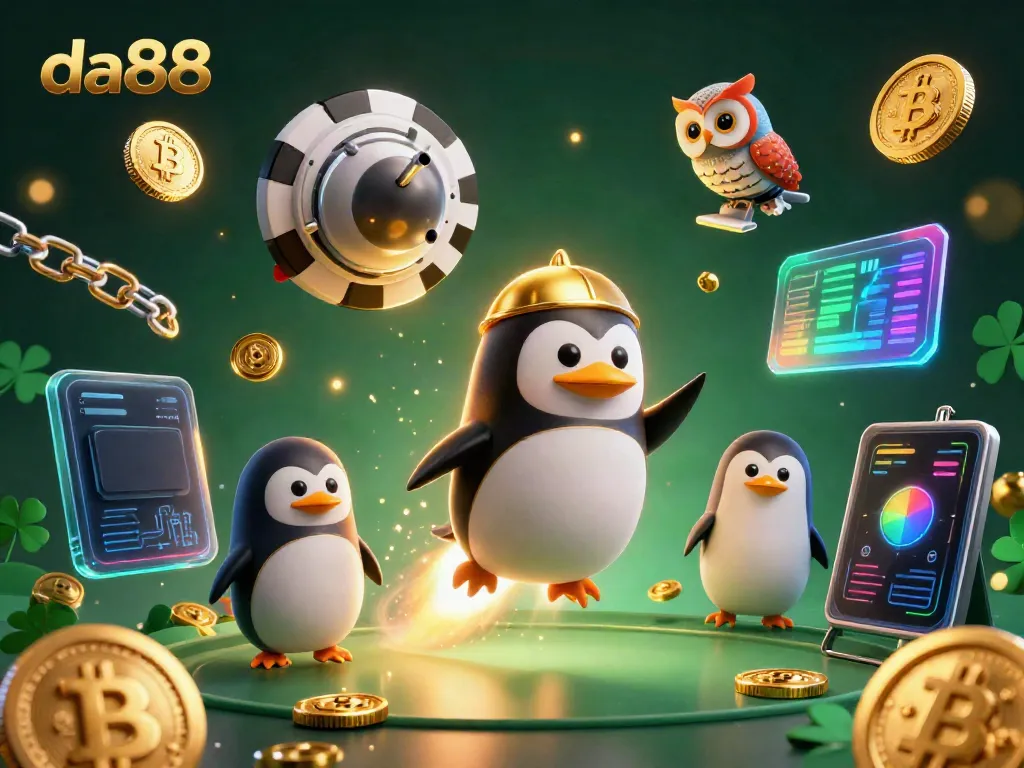 Experience thrilling gameplay at da88 with a golden penguin blasting towards a casino in space, surrounded by crypto coins.
