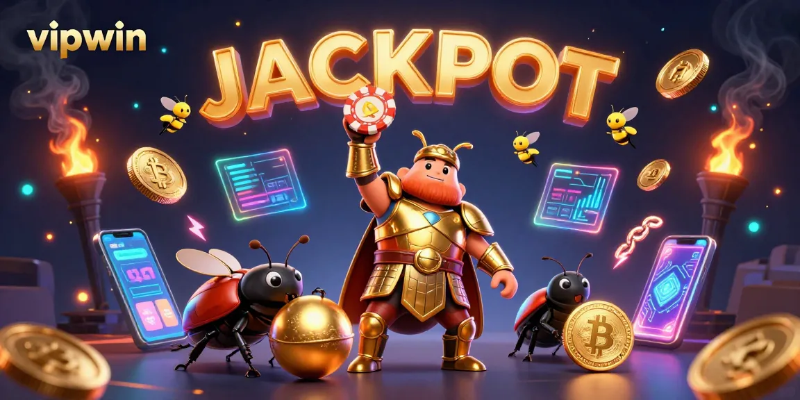 Experience the excitement of vipwin with a victorious beetle lifting a poker chip amidst glowing crypto coins.