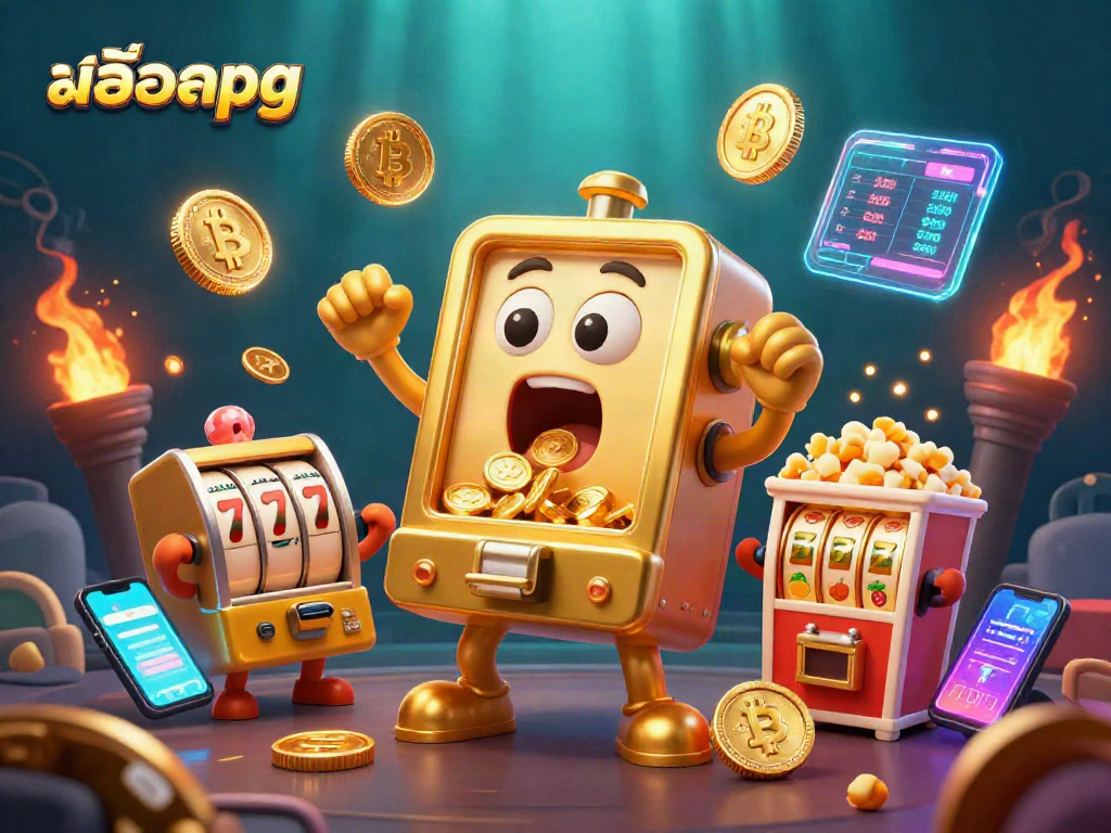 Experience สล็อตpg thrills as a golden slot machine hits the jackpot surrounded by cheering mini slots.