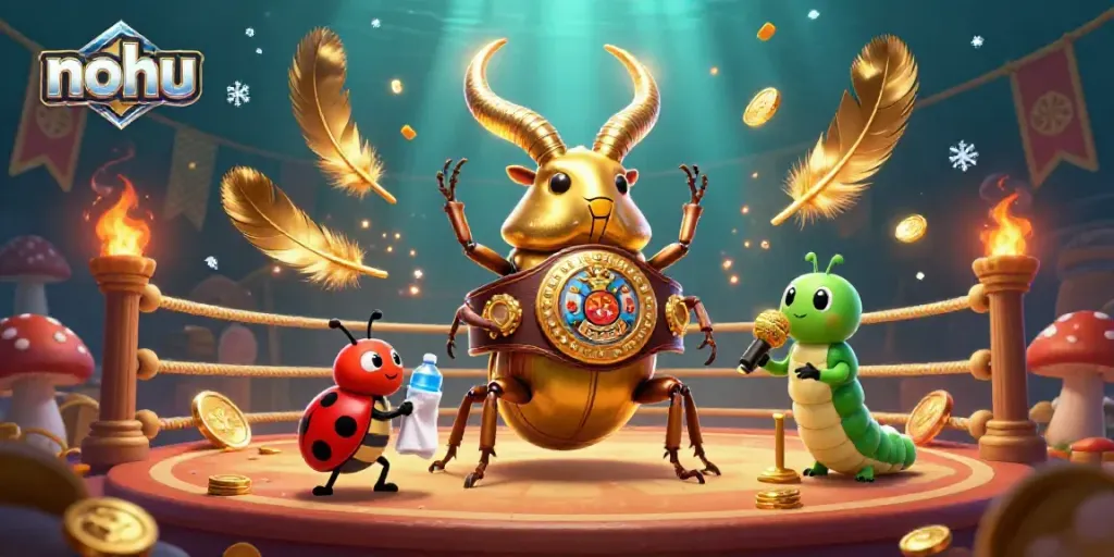 Nohu-themed vibrant casino illustration with a glowing stag beetle, ladybug corner-man, and caterpillar announcer.