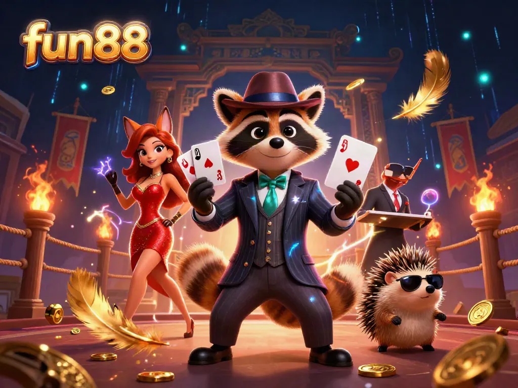 Experience fun88 with a dynamic scene of a suave raccoon, stylish fox lady, and bouncer, showcasing online betting excitement.