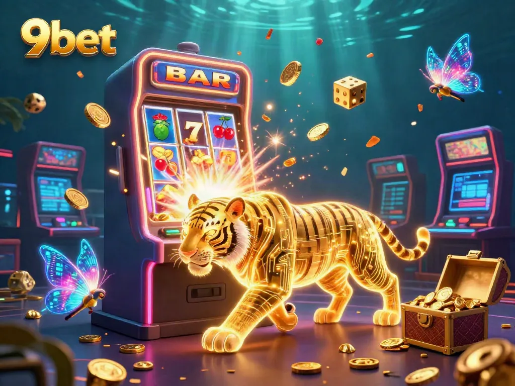 Experience vibrant gaming thrills with 9bet in this digital casino scene featuring animated jackpot excitement.