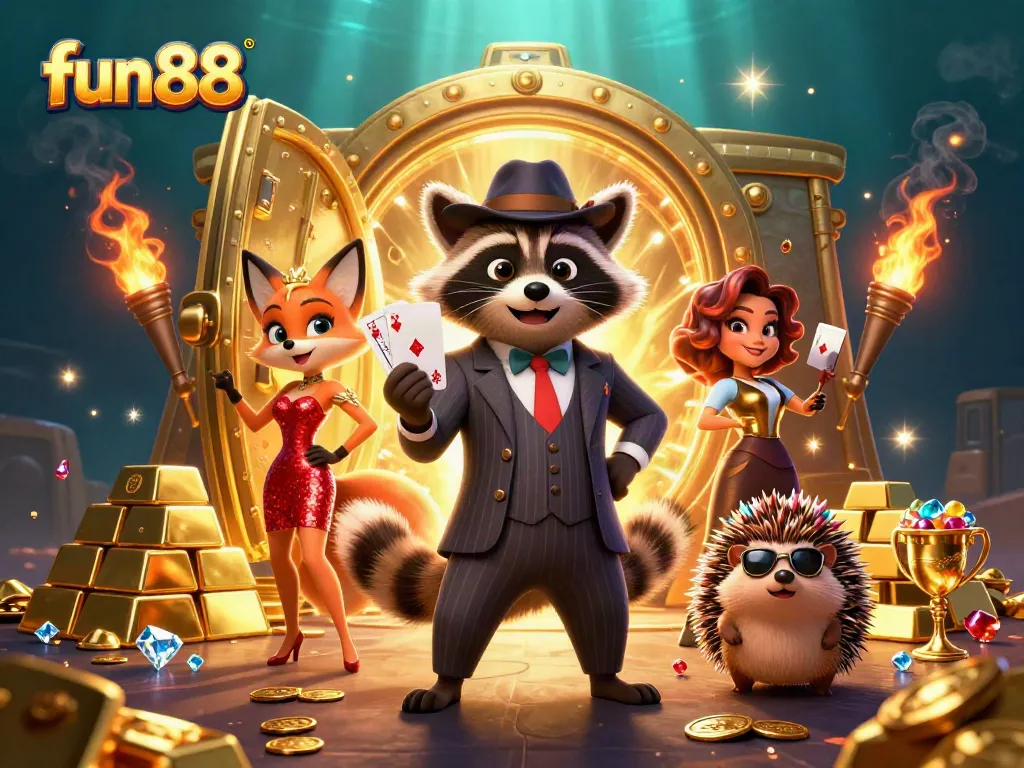 Fun88's exciting poker scene showcases a suave raccoon championing a royal flush hand.