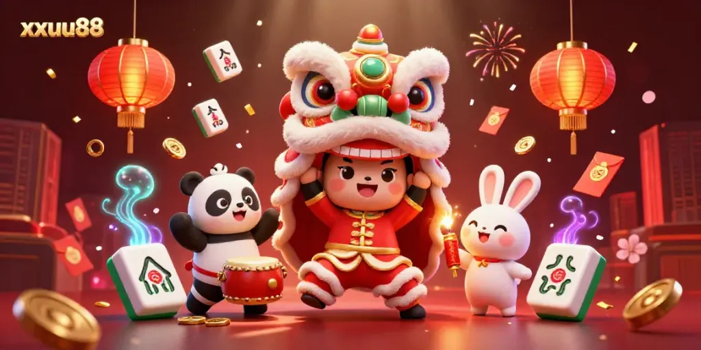 Experience the vibrant atmosphere of xxuu88 in this animated casino scene filled with festive characters and symbols.