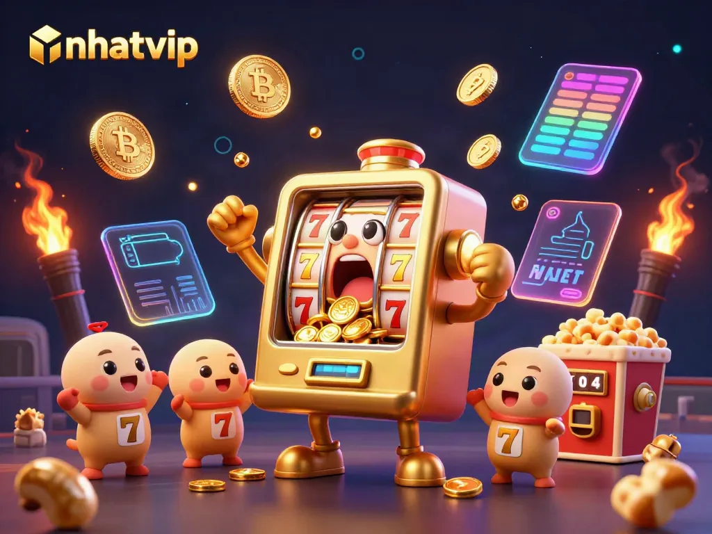 Nhatvip slot machine celebrates a jackpot amidst cheers, surrounded by glowing crypto coins and vibrant casino elements.