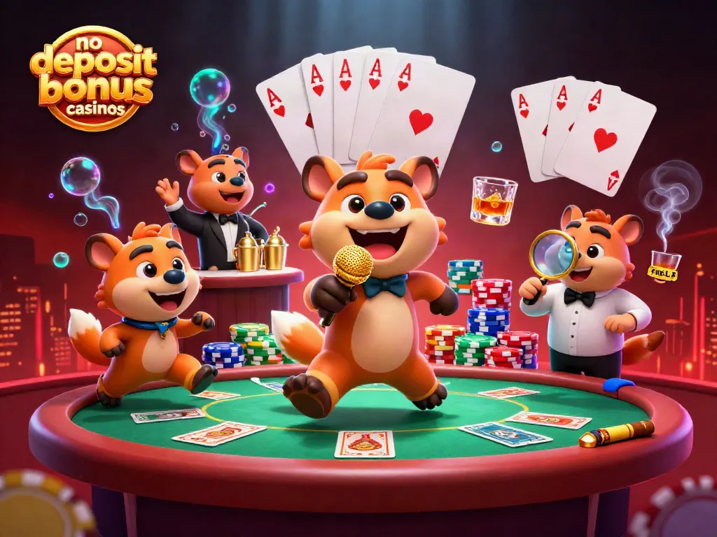 Experience thrills at no deposit bonus casinos with hyena comedians and vibrant casino elements.