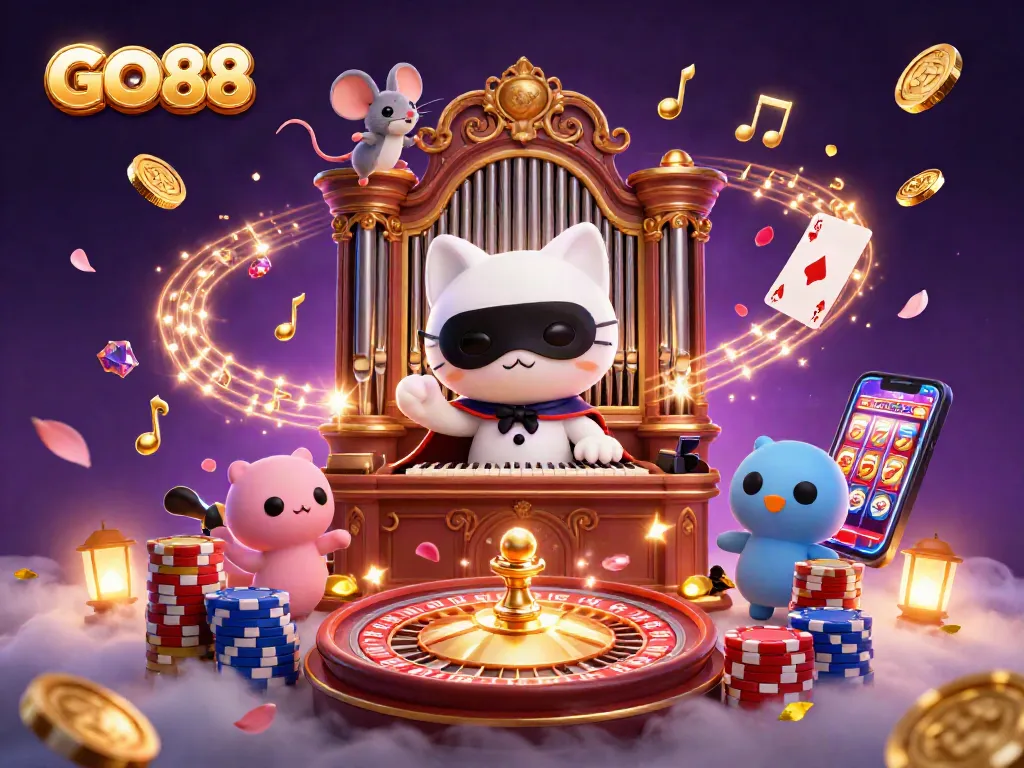Experience the excitement of GO88 with a vibrant casino scene featuring animated characters and casino elements.
