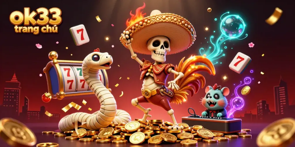 Engage with ok33 trang chủ as a cartoon mariachi rooster celebrates wins amidst dynamic casino elements.