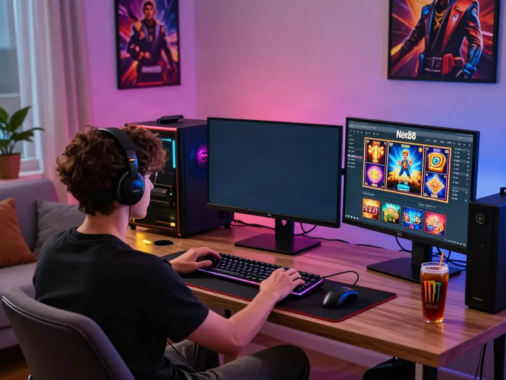 Engaging Net88 gaming scene showcasing a player focused on their laptop surrounded by gaming accessories.